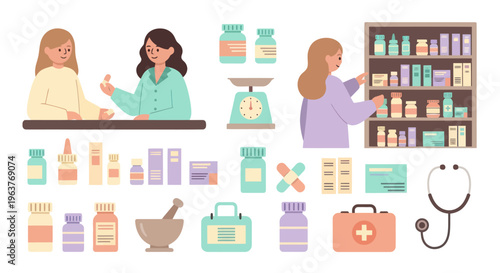 Flat Design Vector of Pharmacy with People, Medicine, and Stethoscope