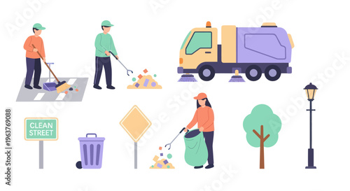 Flat Design Illustration of Street Cleaning and Waste Management Services