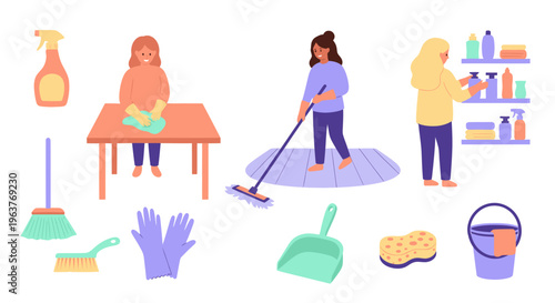 Flat illustration of women cleaning with household supplies