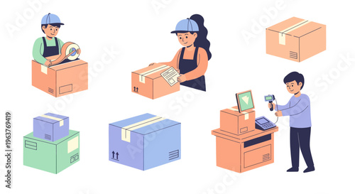 Flat illustration of logistics workers packing and scanning boxes