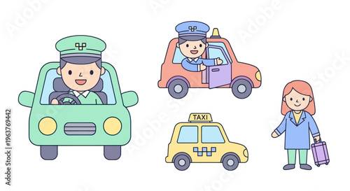 Cute Cartoon Taxi Drivers and Passenger with Luggage, Flat Vector Art