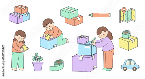Moving Supplies and People Packing Boxes, Flat Design Vector