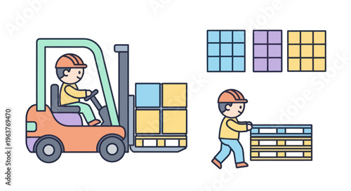 Warehouse worker and forklift moving boxes, flat cartoon style