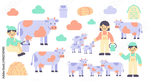 Flat Art Cows and Farmers, Dairy Farm Vector Illustration