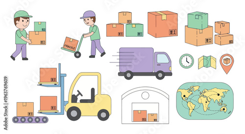 Logistics and Delivery Icons: Workers, Trucks, Warehouse, World Map