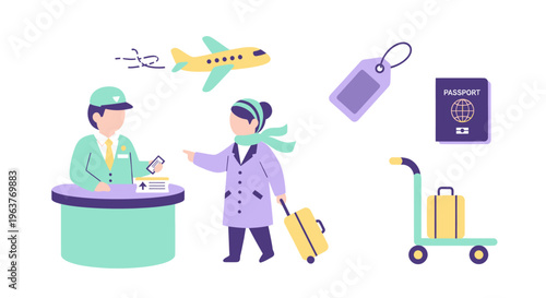 Flat Illustration of Airport Check-in with Luggage and Passport