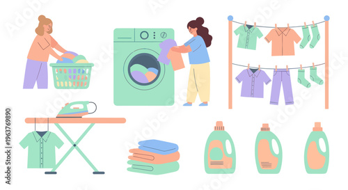 Flat Design Laundry Room Scene with People and Appliances