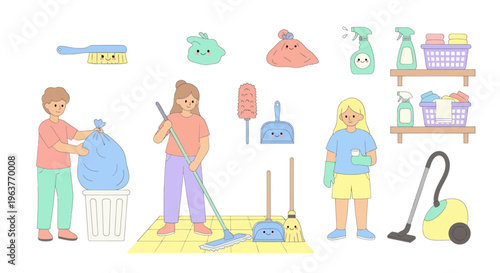 Flat Cartoon Vector Housekeeping Illustration: People Cleaning with Supplies  Chores