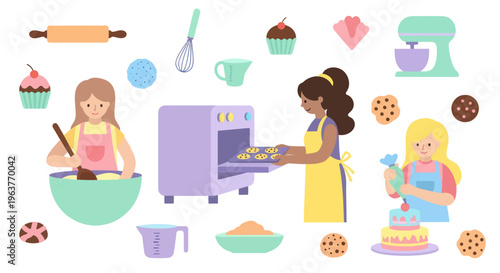 Flat Vector Illustration of Girls Baking Confectionery and Desserts with Kitchen Tools