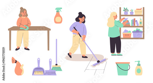 Flat Vector Home Cleaning: People Doing Chores  Housekeeping with Supplies