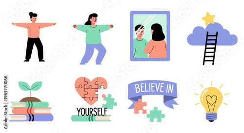 Flat Personal Growth, Self-Care  Mental Health Icons Set: Motivation and Wellness Symbols