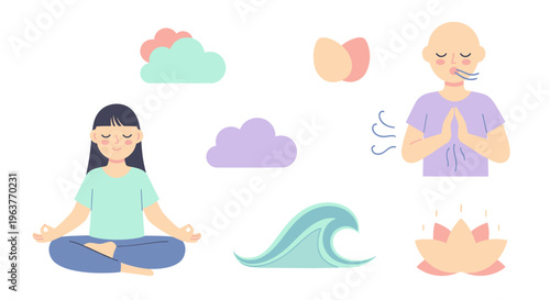 Flat Vector Illustration of Yoga, Meditation, and Wellness Elements