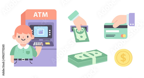 Flat Style Illustration of ATM, Person, Money, Credit Card, Coin