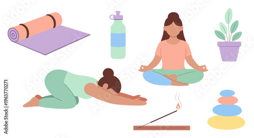 Flat illustration of yoga and meditation items for wellness niche