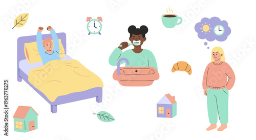 Flat illustration of morning routine with people and objects