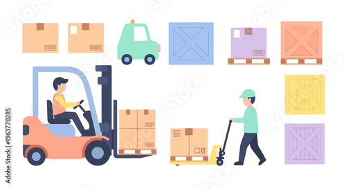 Flat Style Warehouse Logistics Icons: Forklift, Pallet Jack, Boxes, Truck