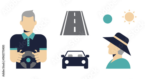 Flat Illustration of Man Driving Car on Road with Woman and Sun