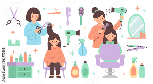 Flat Style Vector Illustration of Hairdresser and Client at Salon