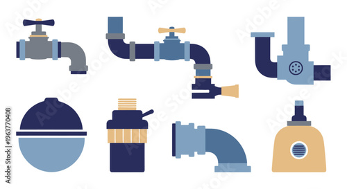 Flat Design Plumbing and Water Supply Fixtures Icon Set