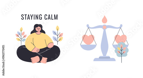 Staying Calm illustration of meditating woman and balance scale with hearts, flat art