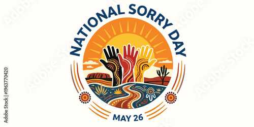 National Sorry Day May 26 Aboriginal and Torres Strait Islander Remembrance Illustration with Raised Hands and Landscape