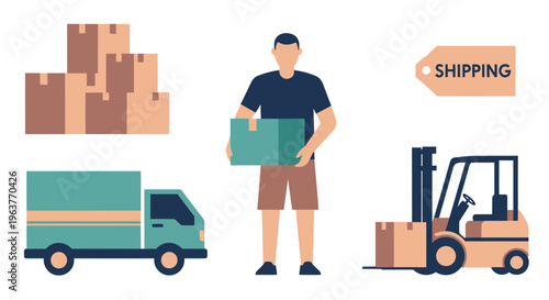 Flat design shipping and logistics concept with delivery truck, man, and forklift