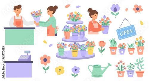 Flat Style Florist Shop Vector with Flowers, Cash Register, and Open Sign