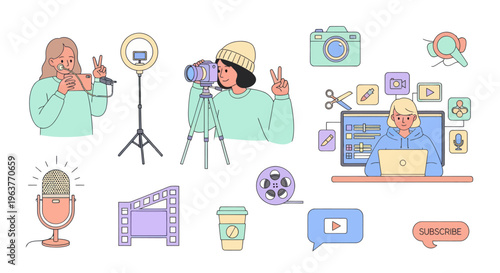 Flat illustration of content creation, vlogging, and streaming with icons