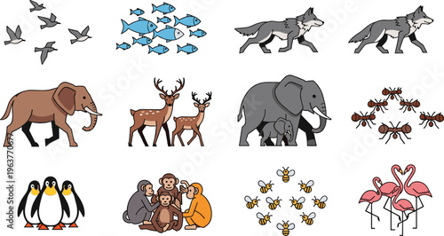 Wildlife Animal Vector Set with Birds Fish Wolves Elephant Deer Ants Penguins Monkeys Bees and Flamingos for Forest and Ocean Cartoon Illustration
