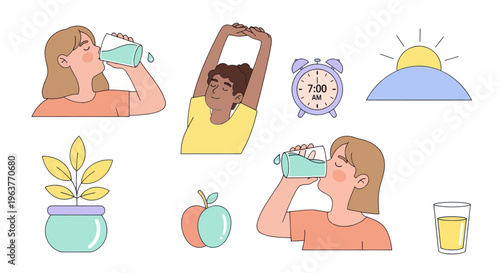 Flat Design Illustration of Morning Routine: Hydration and Wellness