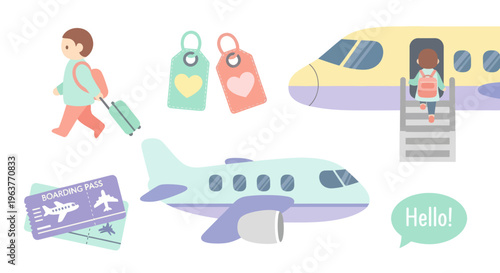 Flat Illustration of Travel Icons: Airplane, Passport, Child, Luggage, Hello Speech Bubble