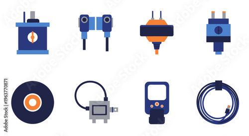 Flat design icons of electrical connectors and cables on white background