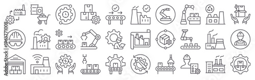 Set of 30 factory and manufacturing modern thin line web icons featuring industrial process, production, automation, quality control, supply chain, hinery, warehouse, smart technology