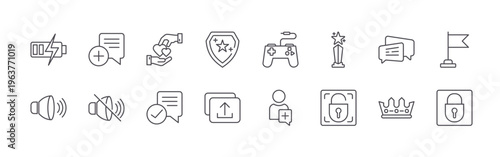 set of 16 modern thin line game button icons featuring battery charge, sound, plus, mute, give, accept, shield, upload, game control. editable stroke vector illustration isolated on white