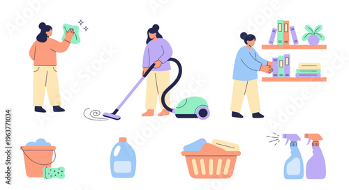 Flat Design Illustration of People Cleaning House with Vacuum and Sprays