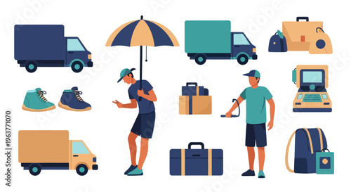 Flat vector illustration of delivery trucks, luggage, and people