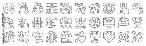 Set of 30 metaverse thin line web icons featuring digital reality, NFT, VR, portal, blockchain, gaming, virtual world, hologram, immersive technology, and cryptocurrency