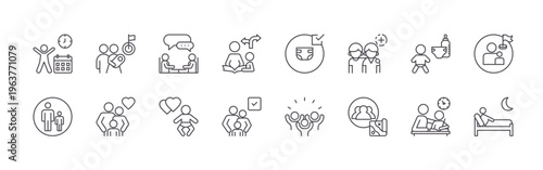 set of 16 modern thin line parenting icons featuring discipline, guidance, parenting, bonds, teenager, bliss, parenthood, chosen, diaper. editable stroke vector illustration isolated on white