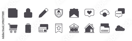 set of 16 modern thin line miscellaneous icons featuring news, cart, lock, battery, pencil, credit card, security, favorite, email. editable stroke vector illustration isolated on white