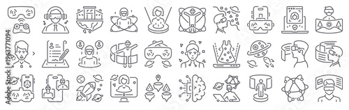 Set of 30 metaverse modern thin line vector icons featuring VR gaming, virtual reality, simulation, technology, digital space, holographic interface, AI platform, 3D navigation