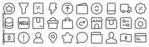 Set of 30 online shopping modern thin line web icons featuring cart, payment, delivery, discount, order, customer service, product, checkout, ecommerce elements