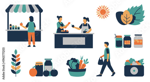 Flat Illustration of Farmer's Market Scene with Produce and People