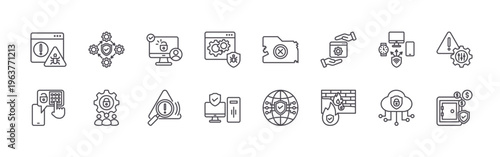 set of 16 modern thin line security awareness icons featuring malware, pattern security, security system, security management, access control, intrusion detection, antivirus,
