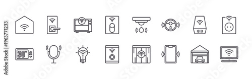 set of 16 modern thin line smarthome icons featuring smart home, smart thermostat, smart door lock, voice control, smart oven, smart light, smart switch, smart doorbell,