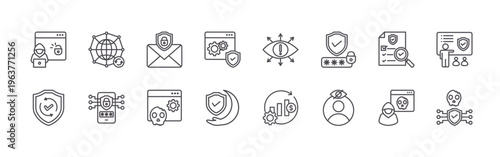 set of 16 modern thin line security awareness icons featuring hacker, security, internet, mobile security, email security, piracy, software, protection, vigilance. editable stroke vector