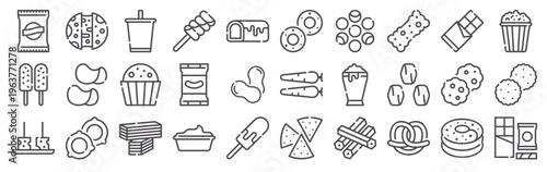 Set of 30 classic snacks thin line icons featuring chips, cookies, candy, popcorn, pretzel, milkshake, ice pop, dip, nachos, onion ring, chote bar, and more food treats