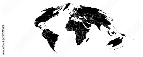 Sinusoidal projection world map black fill white borders without Antarctica global vector graphic geography silhouette shape national border design isolated transparent background atlas eps
