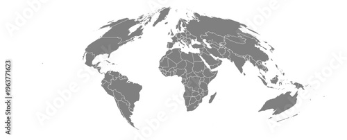 Sinusoidal projection world map grey fill white borders without Antarctica global vector graphic geography silhouette shape national border design isolated transparent background atlas eps