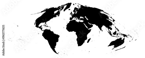 Sinusoidal projection world map unified solid black without Antarctica global vector graphic geography silhouette shape national border design isolated transparent background atlas eps