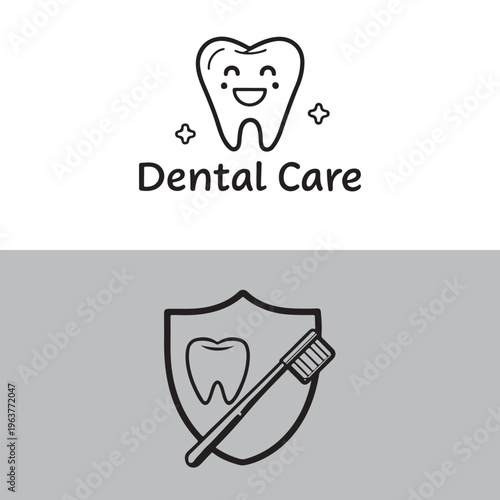 Dental care logos, tooth and shield icons